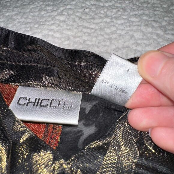 Chicos Medium (1) Silk Blend Black Red Gold Mandarin Style Patchwork Jacket EUC - Picture 8 of 13